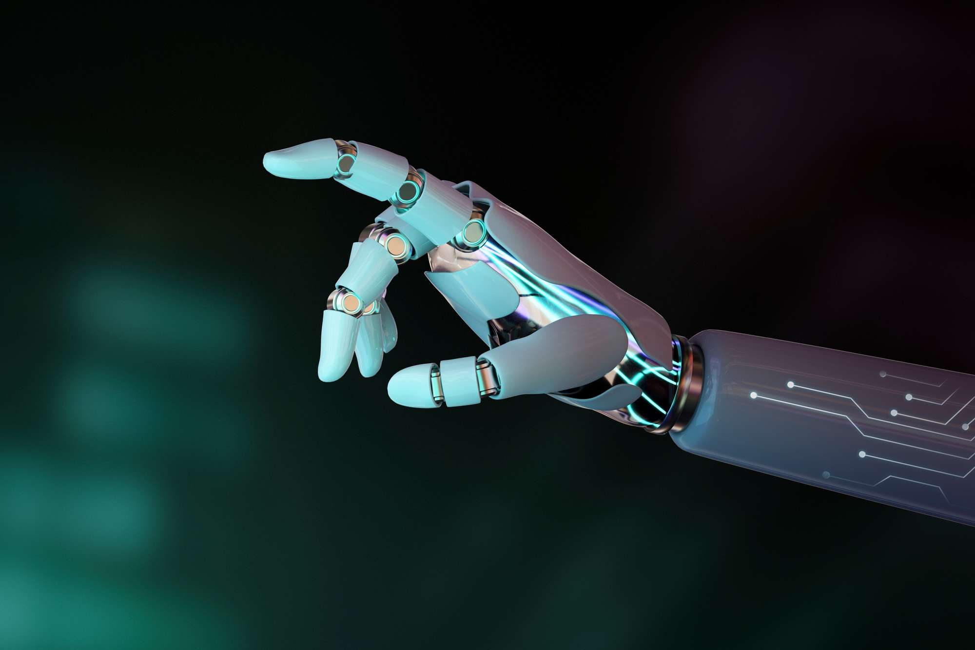 Business automation Robot hand finger pointing, AI technology background