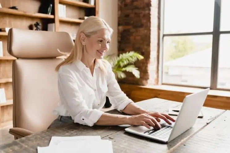 Content promotion strategies Boss working, typing on laptop computer searching information, social media watching webinars online
