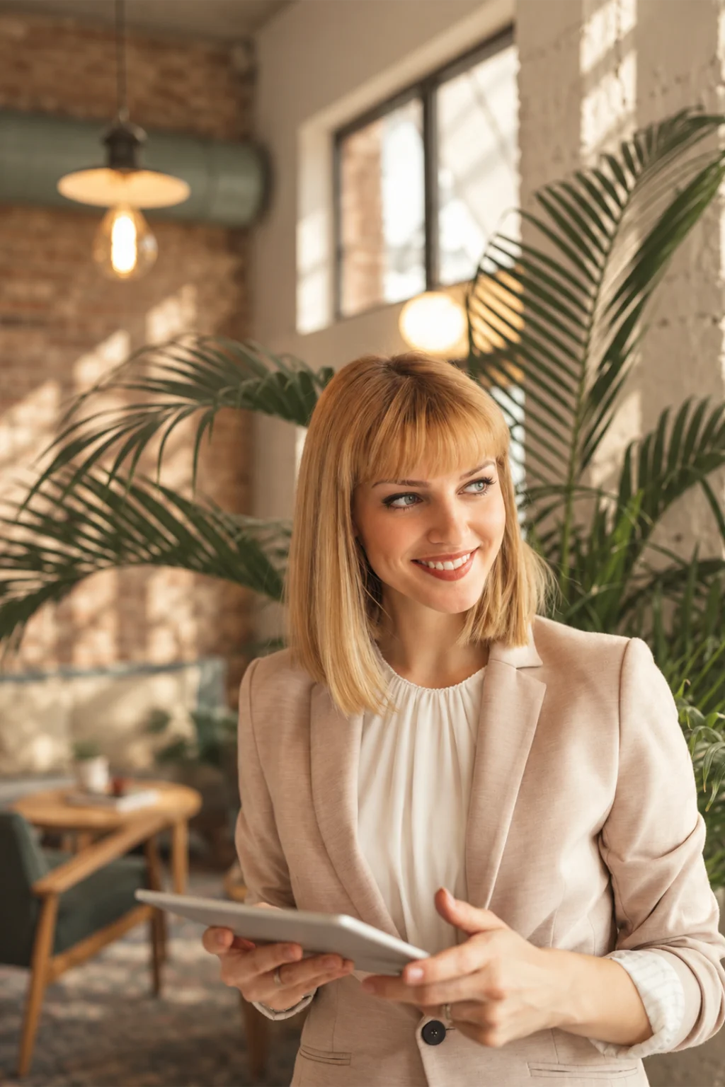 woman in a cafe holding a tablet